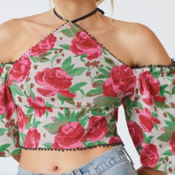Anthropologie Frida Off The Shoulder Halter Top Red Rose L - Picture 3 of 10